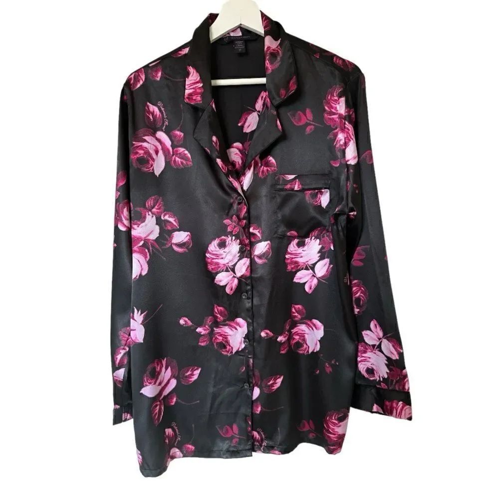 VICTORIA'S SECRET Women's Satin Floral Button Down Pajama Shirt Black Medium